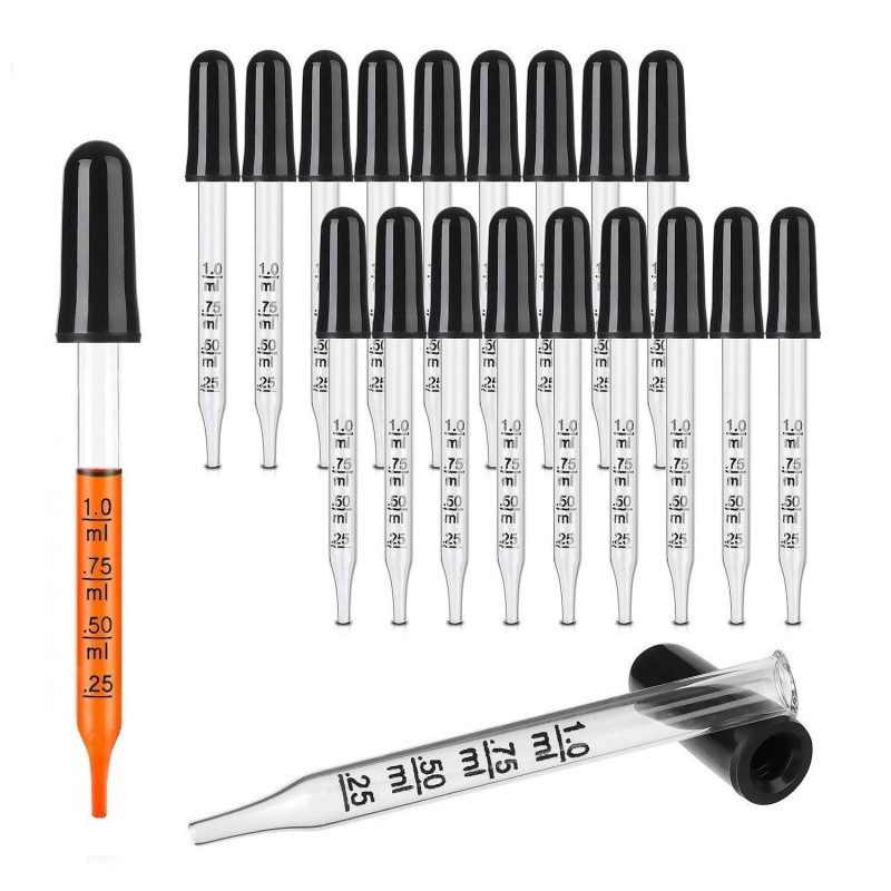 Hyber&Cara 20 x 1 ml Pipettes graduées compte-gouttes en verre pour médicaments, huiles essentielles, peinture d'art, laboratoir