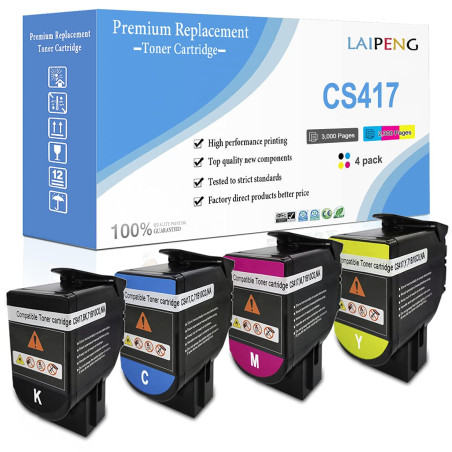 Cartouches de Toner Compatibles 4 Couleurs CS317 CX317 CS417 CX417 CS517 CX517 Capacité Standard 3000 Pages BK, 2300 Pages CMY p