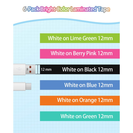 MarkField 6x Compatible Ruban Remplacement pour Brother P-Touch TZ TZe 12mm x 8m 0,47 laminés étiquette pour PT-H105 H101C H110