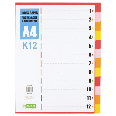 D.RECT Intercalaires pour A4, K12, 12 intercalaires, onglets à anneaux, onglets avec impression de chiffres 1-12, multicolores,