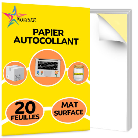 NOVASEE 20 x A4 Papier Autocollant Imprimante Mat, 297mm x 210mm – A4 Feuilles Adhesives