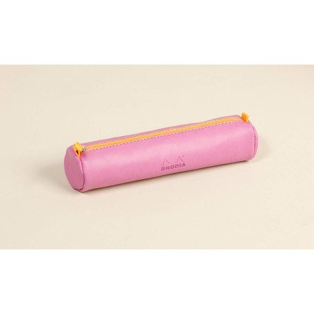 RHODIA 318991C - Trousse Ronde Lilas - 21,5 x 5,5 cm - Coutures Véritables Orange - Intérieur Jersey Ivoire - Simili Cuir - Rang