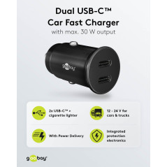 goobay Chargeur de Voiture Double Port USB USB-C Allume-Cigare Power Delivery 12V / 24V Adaptateur Mini USB Chargeur de Voiture