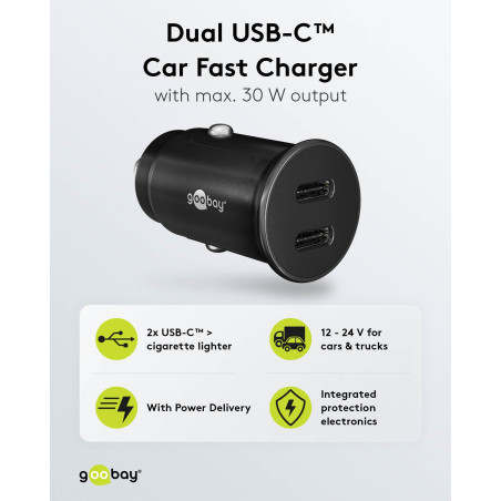 goobay Chargeur de Voiture Double Port USB USB-C Allume-Cigare Power Delivery 12V / 24V Adaptateur Mini USB Chargeur de Voiture