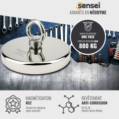 SENSEI® Aimant en Néodyme Puissant avec Anneau Écrou – Ø 136 mm, Force d'Attraction 800 kg – Grand et Très Puissant Aimant pour