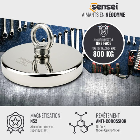 SENSEI® Aimant en Néodyme Puissant avec Anneau Écrou – Ø 136 mm, Force d'Attraction 800 kg – Grand et Très Puissant Aimant pour