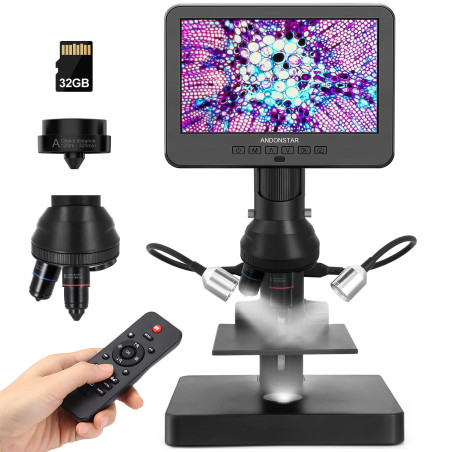 Andonstar AD246S-P Microscope numérique HDMI avec écran de 7'', Enregistrement vidéo UHD 4000x 3 objectifs 2160P, kit Microscope