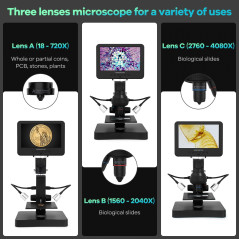Andonstar AD246S-P Microscope numérique HDMI avec écran de 7'', Enregistrement vidéo UHD 4000x 3 objectifs 2160P, kit Microscope