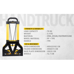 Chariot de manutention Acier, Pliable, Base 39X29cm, capacité 70kg. Dimensions Ouvert : 40x41x102cm, plié : 39x6x73 cm. Roues 12