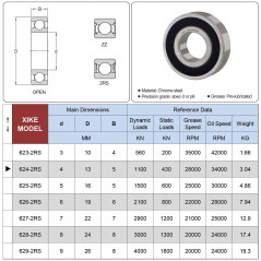 XiKe 624-2RS Roulements à billes étanches 4x13x5mm, Acier chromé|Pré-lubrifié|Double joint en caoutchou|624RS Miniature Roulemen