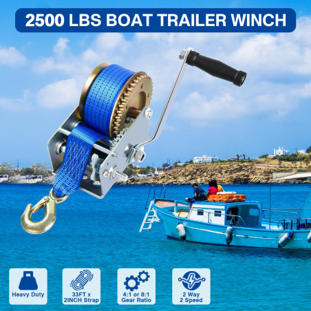 FreeTec Treuil Manuel avec Bleu Polyester Cordon à Bergung Treuil Bateau Treuil (10m 2500lbs)