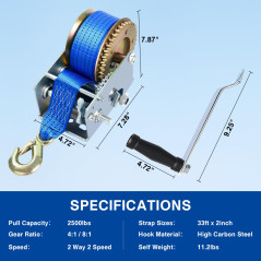 FreeTec Treuil Manuel avec Bleu Polyester Cordon à Bergung Treuil Bateau Treuil (10m 2500lbs)