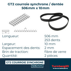 Turmberg3D GT2 courroie synchrone/dentée 2GT-10 Largeur: 10mm - Longueur: 506mm - 2 pièces - Cordon de tension en fibre (506mm)