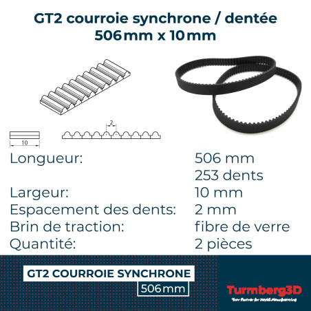 Turmberg3D GT2 courroie synchrone/dentée 2GT-10 Largeur: 10mm - Longueur: 506mm - 2 pièces - Cordon de tension en fibre (506mm)
