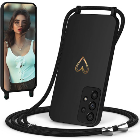 CaseLover Coque avec Cordon pour Samsung Galaxy A53 5G, Coque de Cellulaire Corde Silicone Étui en Motif Coeur avec Réglable Col
