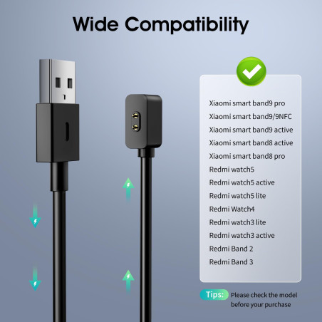 TiMOVO 2 PCS Câble de Chargeur Compatible avec Redmi Watch 5/4/Xiaomi Smart Band 9/9 pro/8/8 Pro/Active, 1M Câble de Charge USB 