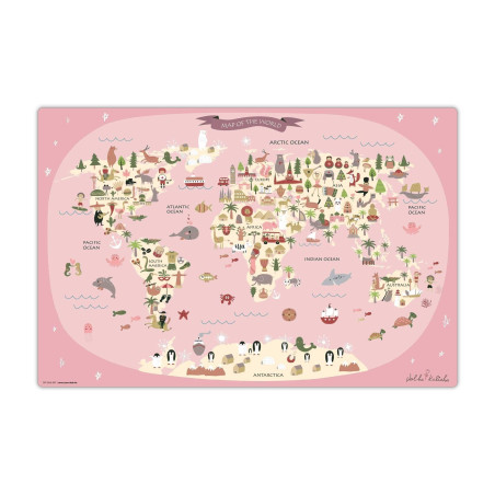 coveryourdesk Sous-main effaçable pour enfants - Carte du monde rose avec animaux - 60 x 40 cm - En vinyle de - Fabriqué en Alle