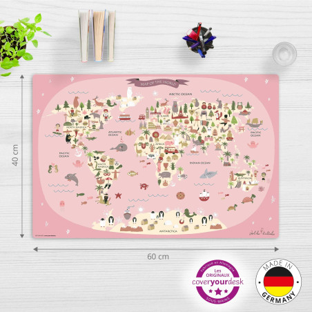 coveryourdesk Sous-main effaçable pour enfants - Carte du monde rose avec animaux - 60 x 40 cm - En vinyle de - Fabriqué en Alle