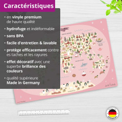 coveryourdesk Sous-main effaçable pour enfants - Carte du monde rose avec animaux - 60 x 40 cm - En vinyle de - Fabriqué en Alle