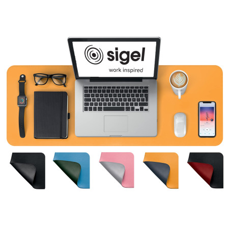 SIGEL SA601 Sous-main végétalien, portable, en cuir PU, antidérapant, essuyable, double face, 80 x 30 cm, jaune/gris