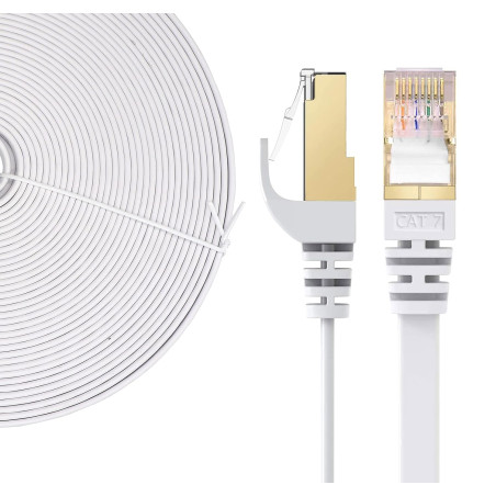 Elfcam® - 15m Câble Réseau Ethernet RJ45, Cat 7 STP 100% Cuivre, Câble Plat, 32 AWG, Blanc (15M)