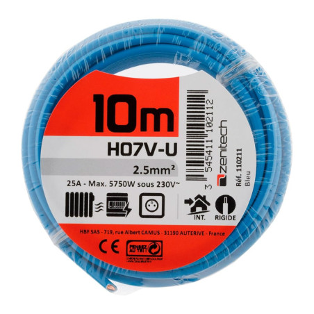 Zenitech - Fil électrique H07V-U 2,5mm² Bleu - 10m