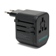 OVERMUST - Adaptateur de Voyage Universel, 2 Ports USB, Prises Interchangeables UK/EU/USA/AUS, 100V-240V, PC Résistant, Compact 