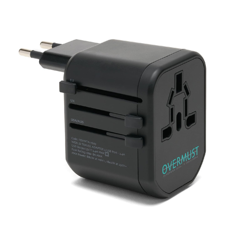 OVERMUST - Adaptateur de Voyage Universel, 2 Ports USB, Prises Interchangeables UK/EU/USA/AUS, 100V-240V, PC Résistant, Compact 