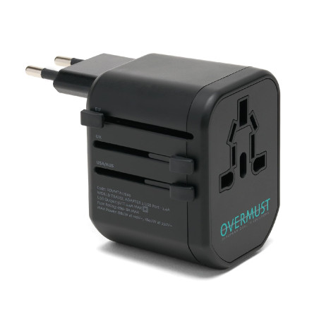 OVERMUST - Adaptateur de Voyage Universel, 2 Ports USB, Prises Interchangeables UK/EU/USA/AUS, 100V-240V, PC Résistant, Compact 
