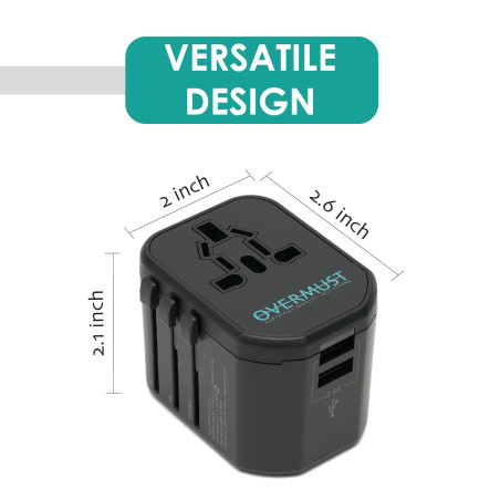 OVERMUST - Adaptateur de Voyage Universel, 2 Ports USB, Prises Interchangeables UK/EU/USA/AUS, 100V-240V, PC Résistant, Compact 