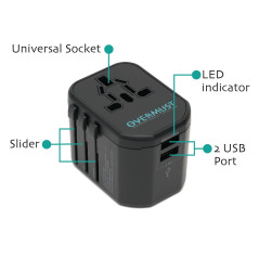 OVERMUST - Adaptateur de Voyage Universel, 2 Ports USB, Prises Interchangeables UK/EU/USA/AUS, 100V-240V, PC Résistant, Compact 