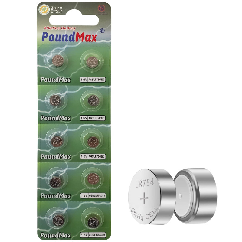 Lot de 10 Piles Bouton alcalines PoundMax AG5 LR754 LR750 LR754W 393 SR754 193 546 RW28 1,5 V Lot de 10 Piles Bouton alcalines PoundMax AG5 LR754 LR750 LR754W 393 SR754 193 546 RW28 1,5 V