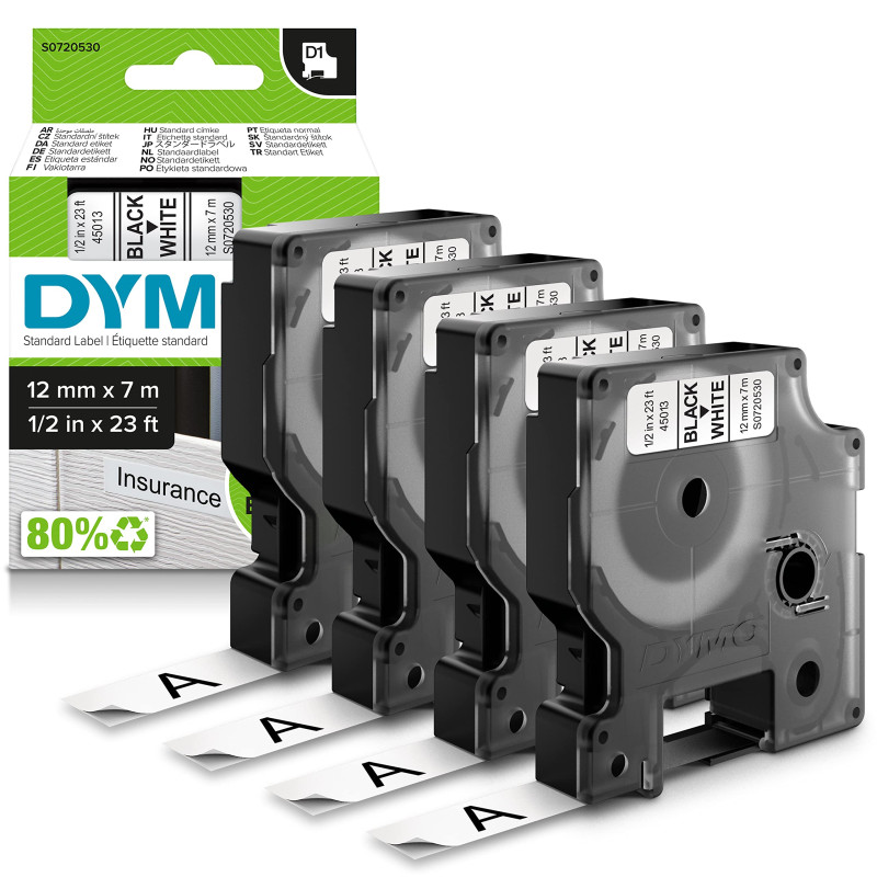 DYMO D1 étiquettes autocollantes authentiques | impression en noir sur fond blanc | 12 mm x 7 m | pour étiqueteuses LabelManager DYMO D1 étiquettes autocollantes authentiques | impression en noir sur fond blanc | 12 mm x 7 m | pour étiqueteuses LabelManager