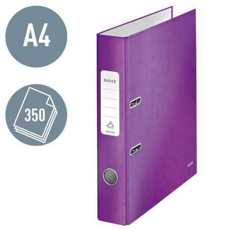 Leitz, Classeur à Levier A4, Carton Pelliculé, Dos 50 mm, Capacité 350 Feuilles, Mécanisme unique 180°, Violet WOW, 10060062