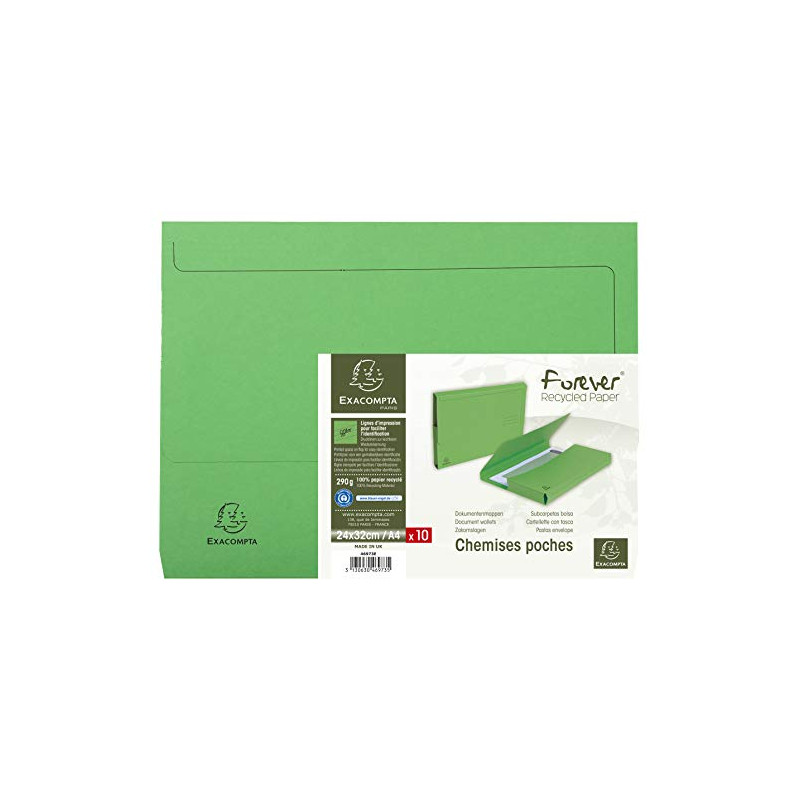 Exacompta - Réf. 46973E - Paquet de 10 chemises Poche avec soufflet de 32 mm Forever® 290 g/m² - chemises 100% recyclées et cert Exacompta - Réf. 46973E - Paquet de 10 chemises Poche avec soufflet de 32 mm Forever® 290 g/m² - chemises 100% recyclées et cert