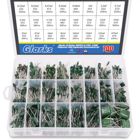 Glarks Lot de 700 condensateurs à film polyester 0,22 NF- 470 NF