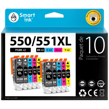 Smart Ink Compatible Cartouche d'encre de Remplacement pour Canon PGI 550 XL 550XL CLI 551 XL 551XL 10 Pack(2 PGBK &2BK/C/M/Y) p
