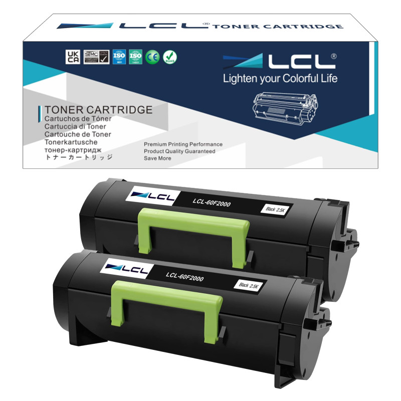 LCL Cartouche de Toner Compatible 60F2000 60F200E 602E 2.5K (2Noir) Remplacement pour Lexmark MX310 MX310dn MX410 MX410de MX510 