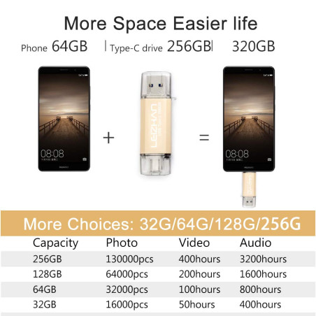 LEIZHAN Clé USB Type C 256 Go,Flash Drive USB 3.0 OTG pour Huawei Samsung Smartphone Android de Type C-Or