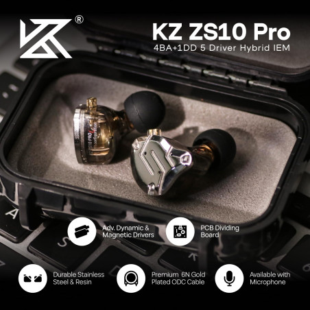 Linsoul KZ ZS10 Pro, Ecouteurs Intra-Auriculaires 4BA+1DD à 5 conducteurs, Écouteurs filaires HiFi,Écouteurs de Jeu, Écouteurs I