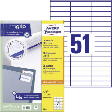 Avery 5100 Etiquettes Autocollantes Multi-usages (51 par Feuille) - 70x16,9mm - Impression Laser - Jet d'Encre - Blanc (3420)