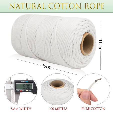 DXRPO Corde Macramé 5mm x 100m, Macrame Corde de 4-Ply Naturel Coton, pour Rideau Macramé, Bricolage Decoration Murale, Décorati