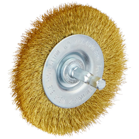 kwb Brosse à disque, fine, fil de laiton, Ø 75 mm pour le métal et la pierre, brosse métallique pour perceuse, y compris tige he