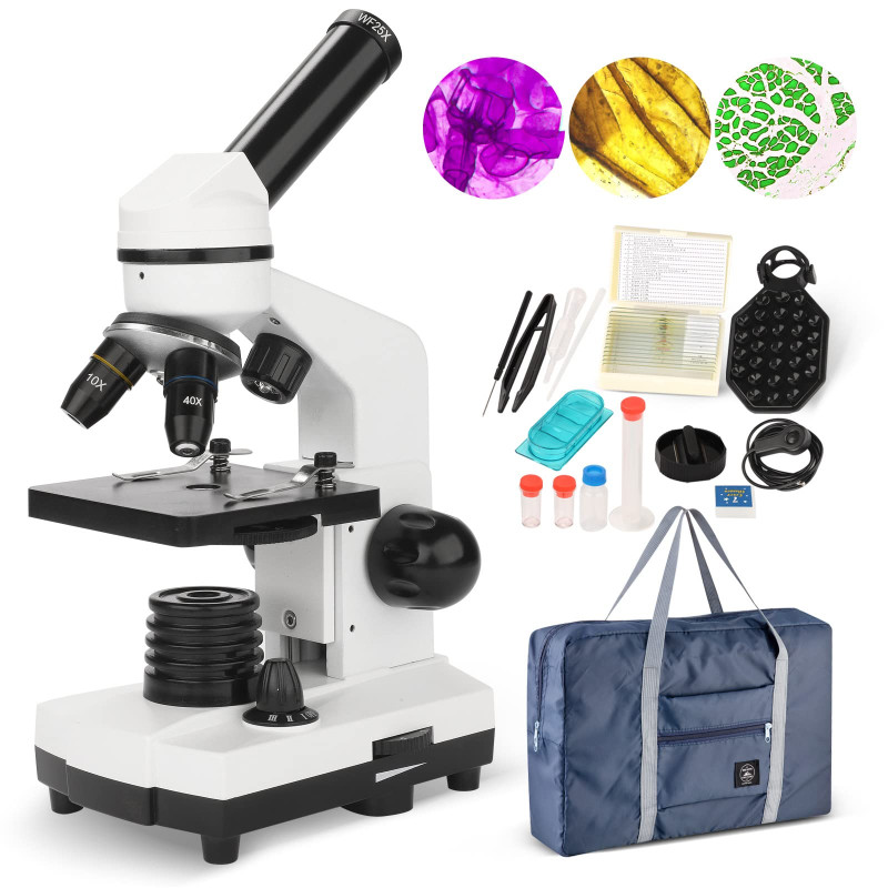 Microscope Enfants et débutants, grossissement 100X-1000X, kit de Diapositives préparées, de Laboratoire à Double éclairage LED Microscope Enfants et débutants, grossissement 100X-1000X, kit de Diapositives préparées, de Laboratoire à Double éclairage LED