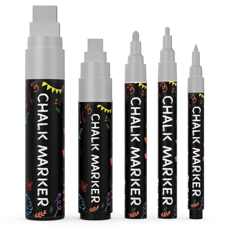 Chalkola Argentés Crayons À Craie 5 Marqueurs Effaçables À Sec Argentés - Pack De Variétés - Pointes Fine Et Géante (1mm, 3mm, 6 Chalkola Argentés Crayons À Craie 5 Marqueurs Effaçables À Sec Argentés - Pack De Variétés - Pointes Fine Et Géante (1mm, 3mm, 6