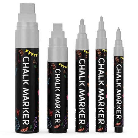 Chalkola Argentés Crayons À Craie 5 Marqueurs Effaçables À Sec Argentés - Pack De Variétés - Pointes Fine Et Géante (1mm, 3mm, 6