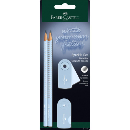 FABER-CASTELL 218471 Sparkle Set de crayons avec taille-crayon, gomme et 2 crayons à papier, set d'écriture Sleeve bleu ciel
