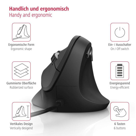 Hama EMW-500 Souris Verticale Ergonomique Filaire - USB A, Capteur 1800 dpi, Droitier/e - Noire
