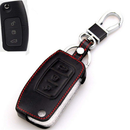 Happyit Cas de Couverture de Clé de Voiture en Cuir Porte-clés pour Ford New Fiesta Ecosport Focus 2 MK2 2012-2018 3 Boutons Tél