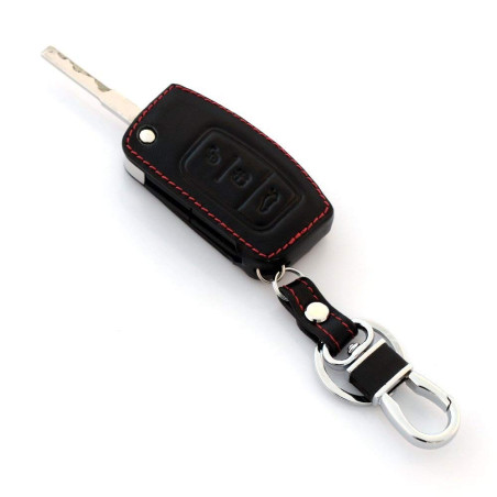 Happyit Cas de Couverture de Clé de Voiture en Cuir Porte-clés pour Ford New Fiesta Ecosport Focus 2 MK2 2012-2018 3 Boutons Tél